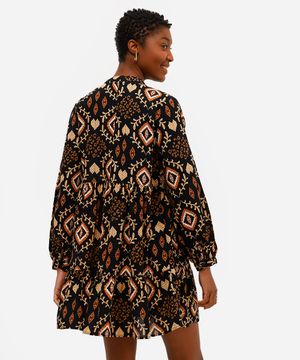 vestido curto feminino de algodão manga bufante arabescos preto