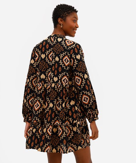 vestido curto feminino de algodão manga bufante arabescos preto