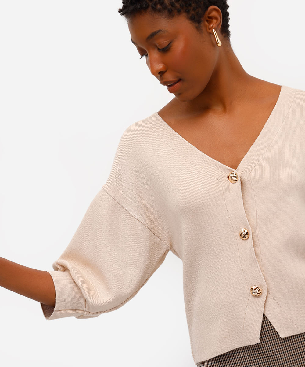 cardigan feminino de tricot manga curta decote v bege