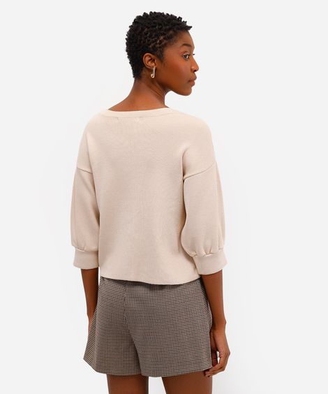 cardigan feminino de tricot manga curta decote v bege
