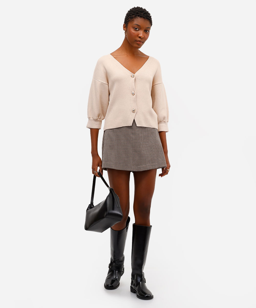 cardigan feminino de tricot manga curta decote v bege