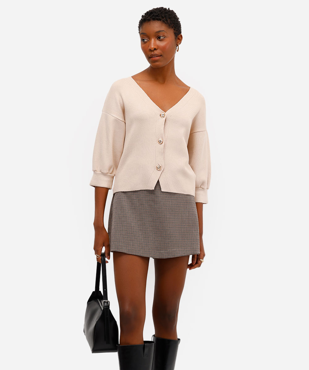cardigan feminino de tricot manga curta decote v bege