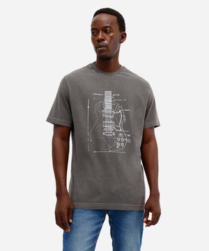 camiseta masculina de algodão guitarra estonada cinza