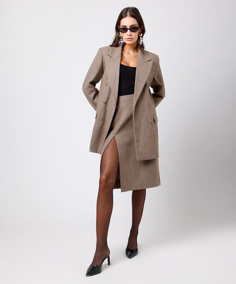 saia midi feminina com lã e fenda mindset bege