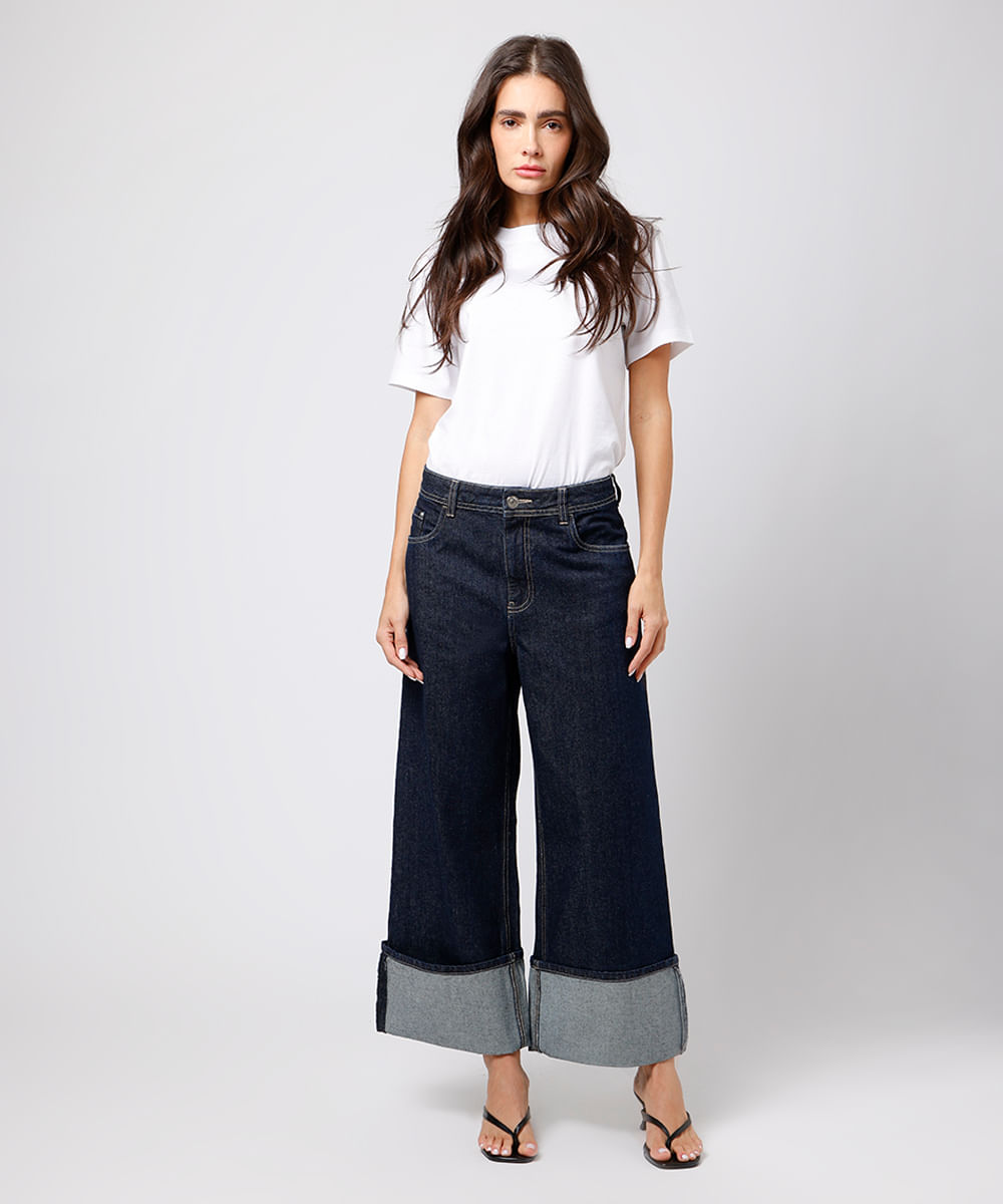 calça wide leg feminina jeans barra dobrada mindset azul