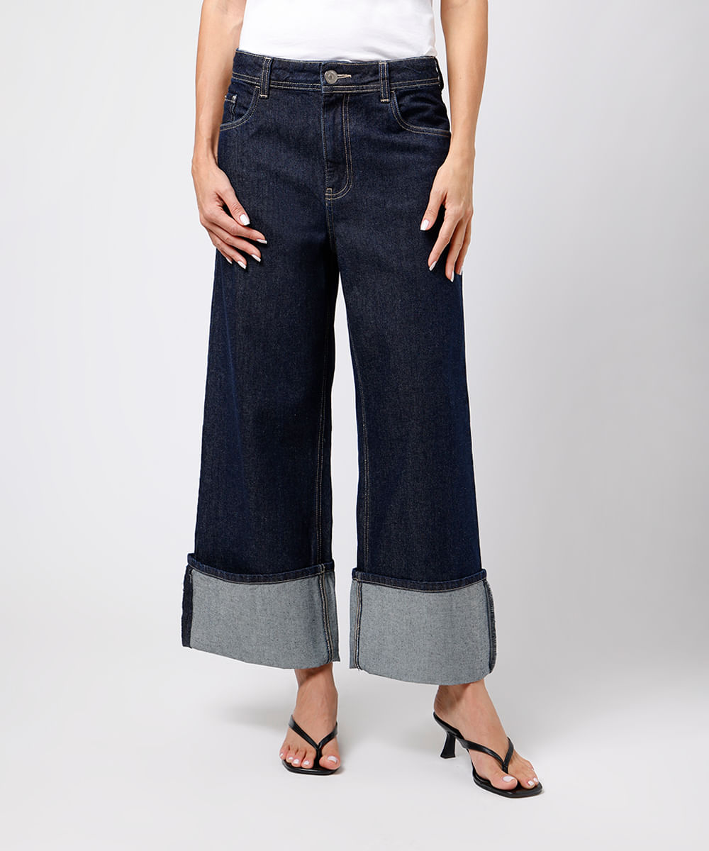 calça wide leg feminina jeans barra dobrada mindset azul