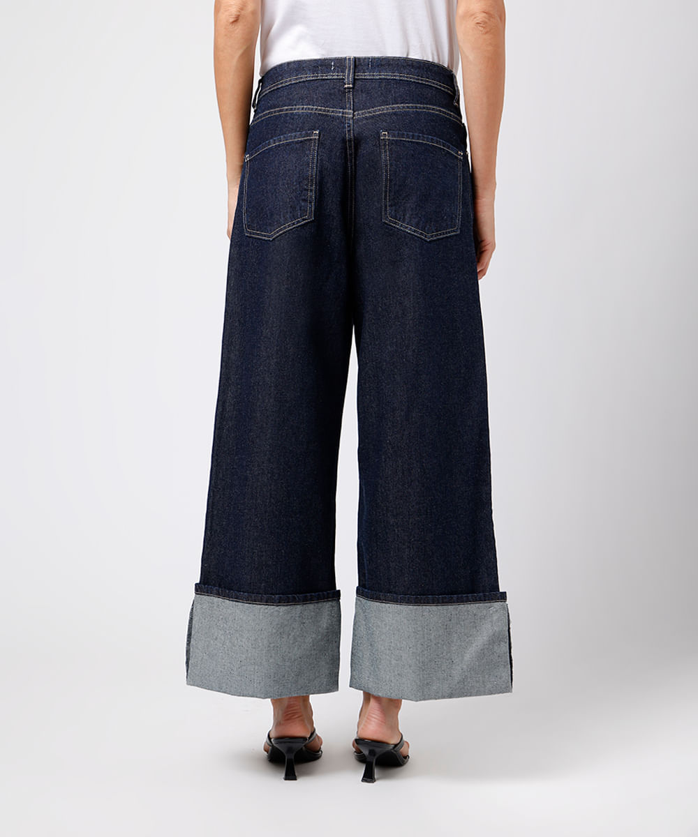 calça wide leg feminina jeans barra dobrada mindset azul