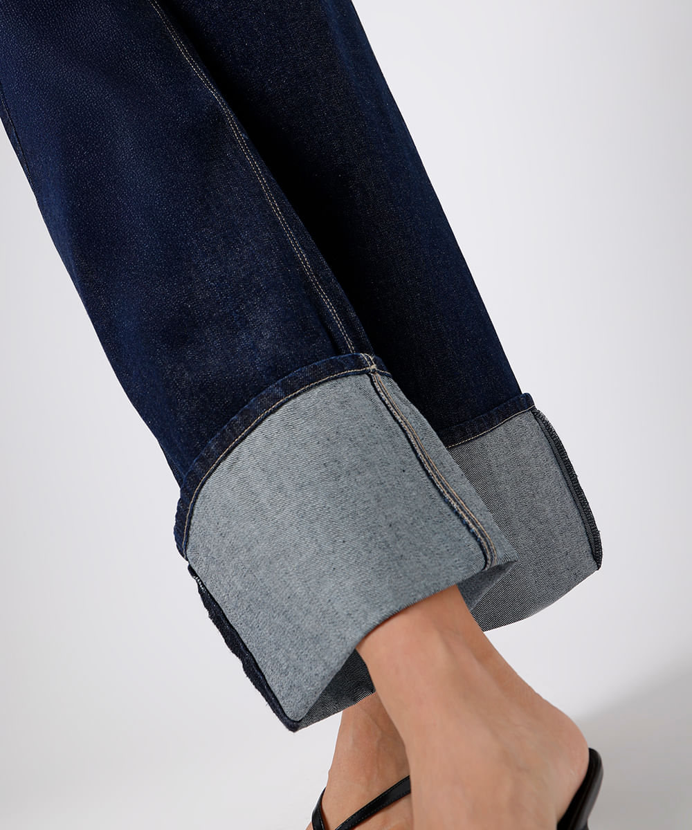 calça wide leg feminina jeans barra dobrada mindset azul