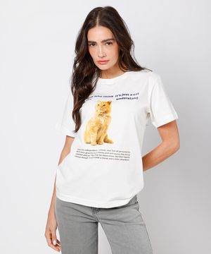 camiseta feminina de algodão gato mindset off white