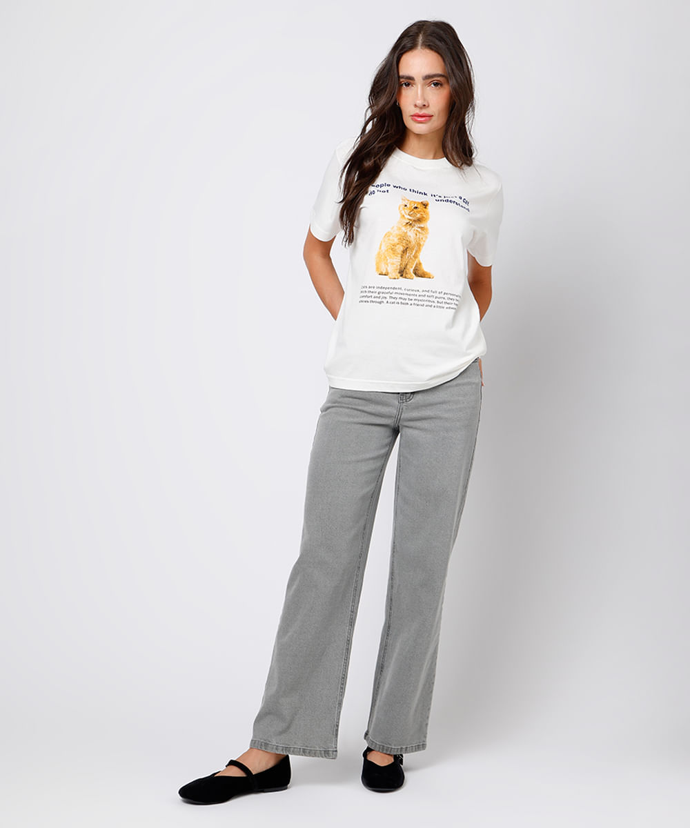 camiseta feminina de algodão gato mindset off white