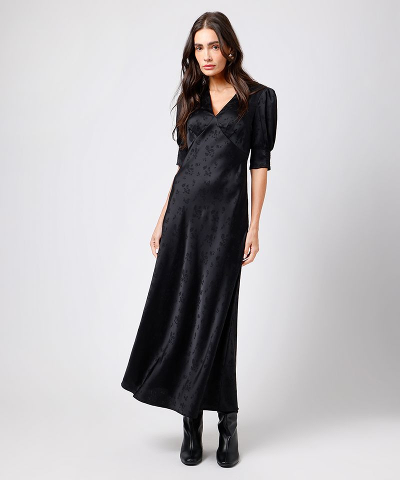 vestido midi feminino de jacquard manga bufante floral mindset preto