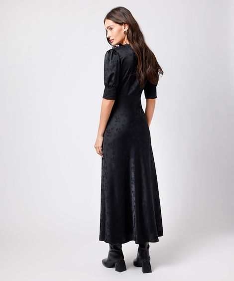 vestido midi feminino de jacquard manga bufante floral mindset preto