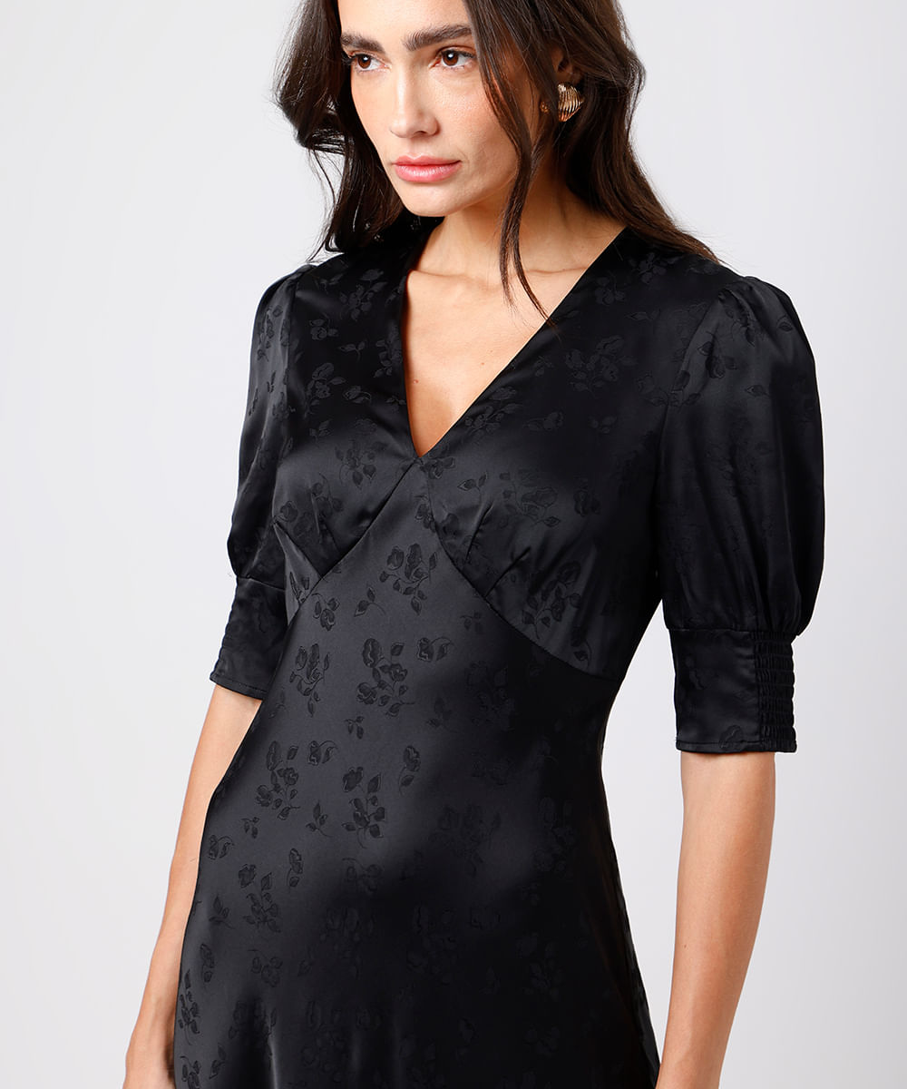 vestido midi feminino de jacquard manga bufante floral mindset preto