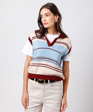 colete feminino de tricot listrado mindset bege