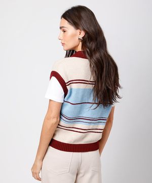 colete feminino de tricot listrado mindset bege