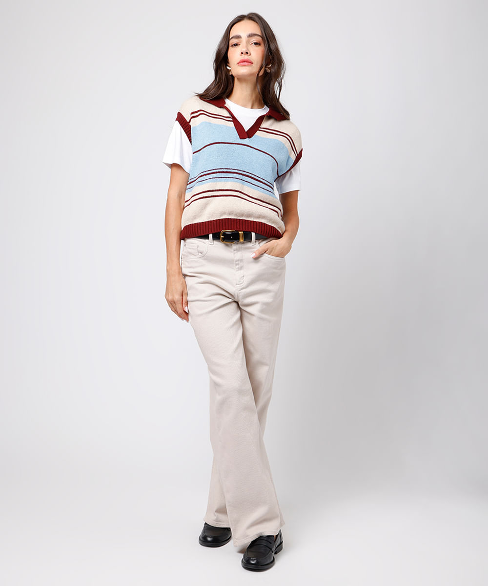 colete feminino de tricot listrado mindset bege