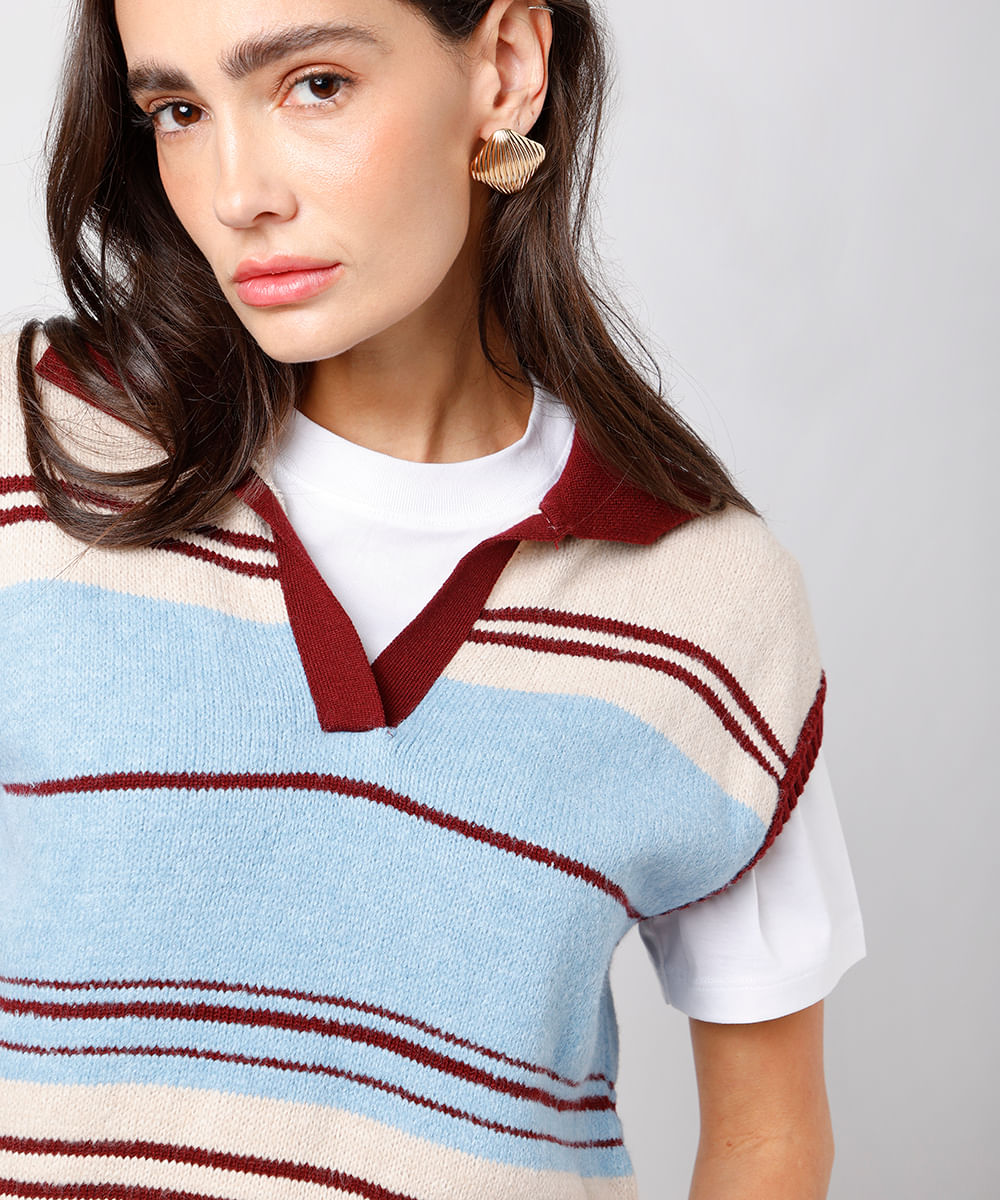 colete feminino de tricot listrado mindset bege