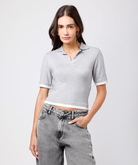 polo feminina de tricot manga curta bicolor mindset cinza
