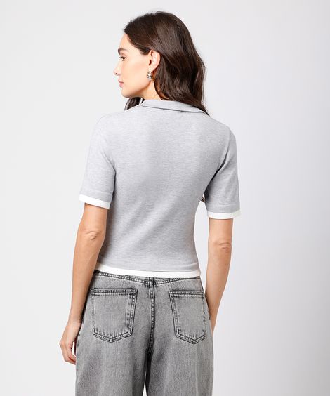 polo feminina de tricot manga curta bicolor mindset cinza