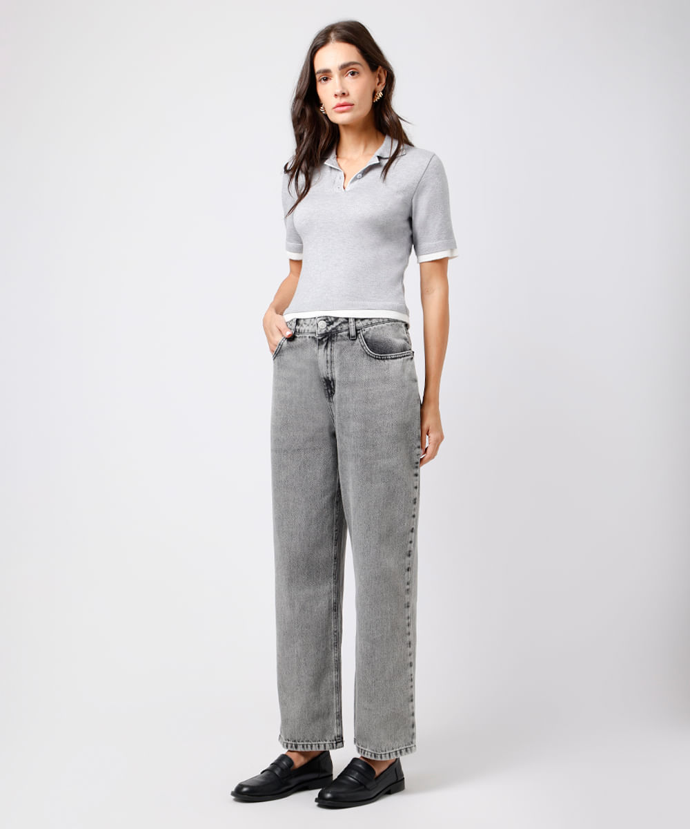 polo feminina de tricot manga curta bicolor mindset cinza