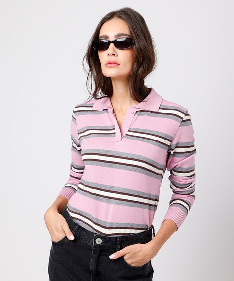 polo feminina de tricot manga longa listrada mindset rosa
