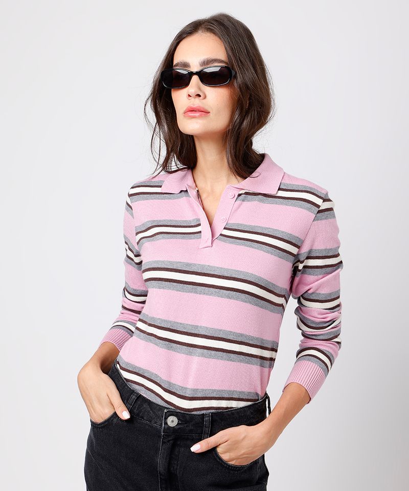 polo feminina de tricot manga longa listrada mindset rosa
