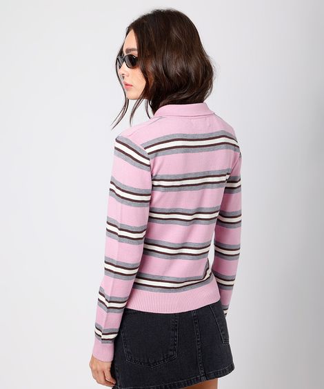 polo feminina de tricot manga longa listrada mindset rosa