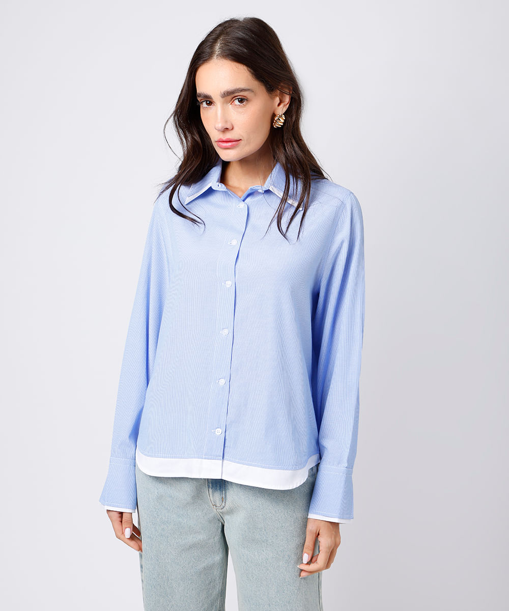 camisa feminina com sobreposição listrada mindset azul