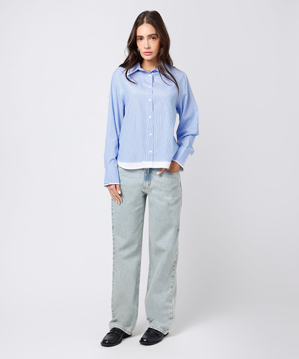 camisa feminina com sobreposição listrada mindset azul