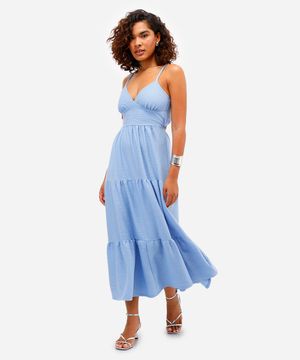 vestido feminino alças finas decote nas costas texturizado azul