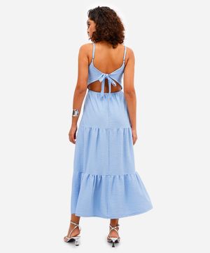 vestido feminino alças finas decote nas costas texturizado azul