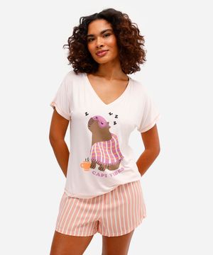 pijama short doll feminino em viscose capivara laranja