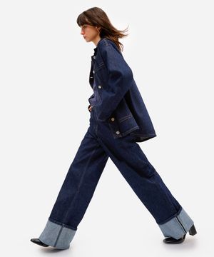 calça wide leg feminina jeans barra dobrada antonio frajado azul