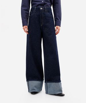 calça wide leg feminina jeans barra dobrada antonio frajado azul