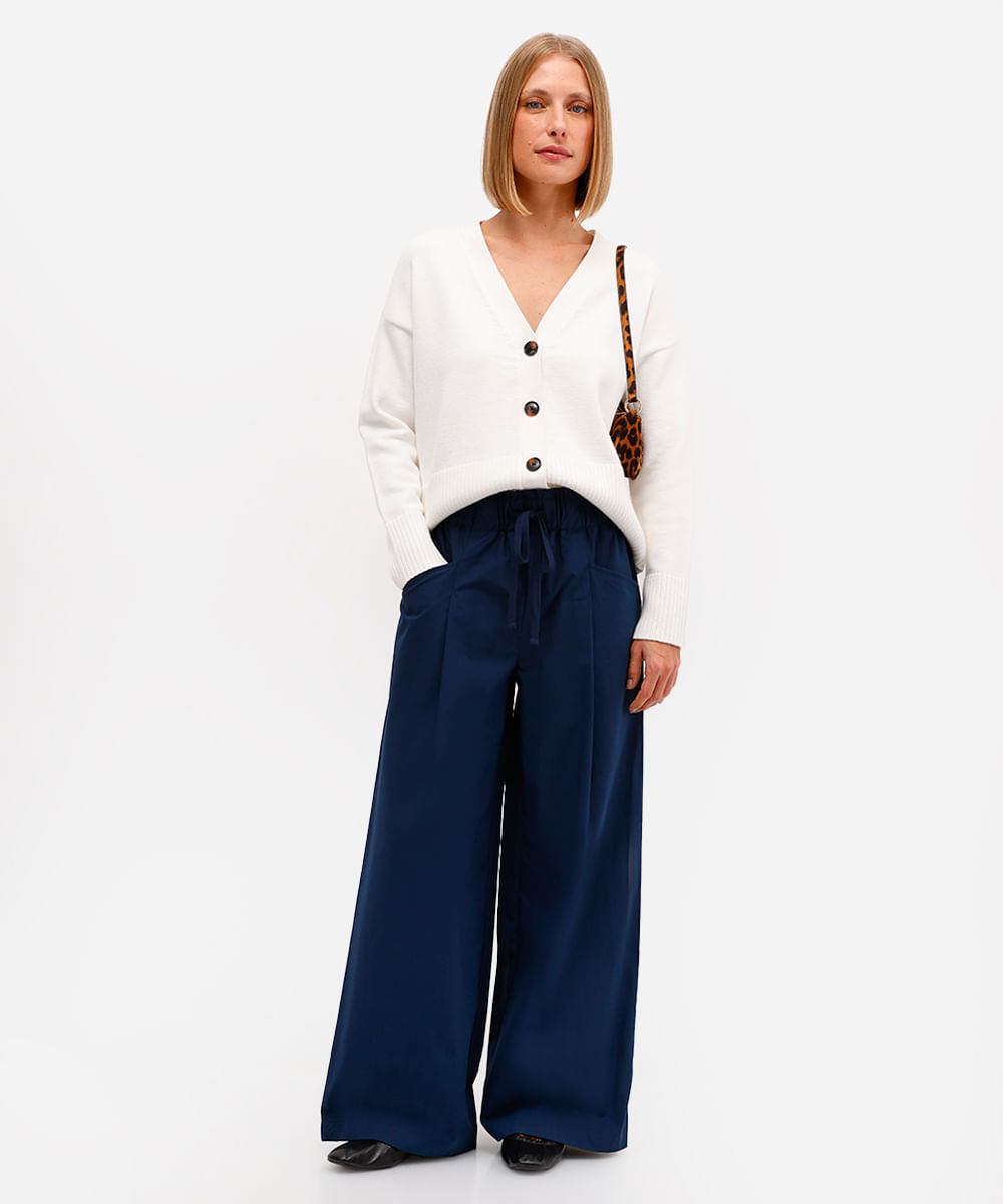 calça wide leg feminina de algodão cós elástico azul