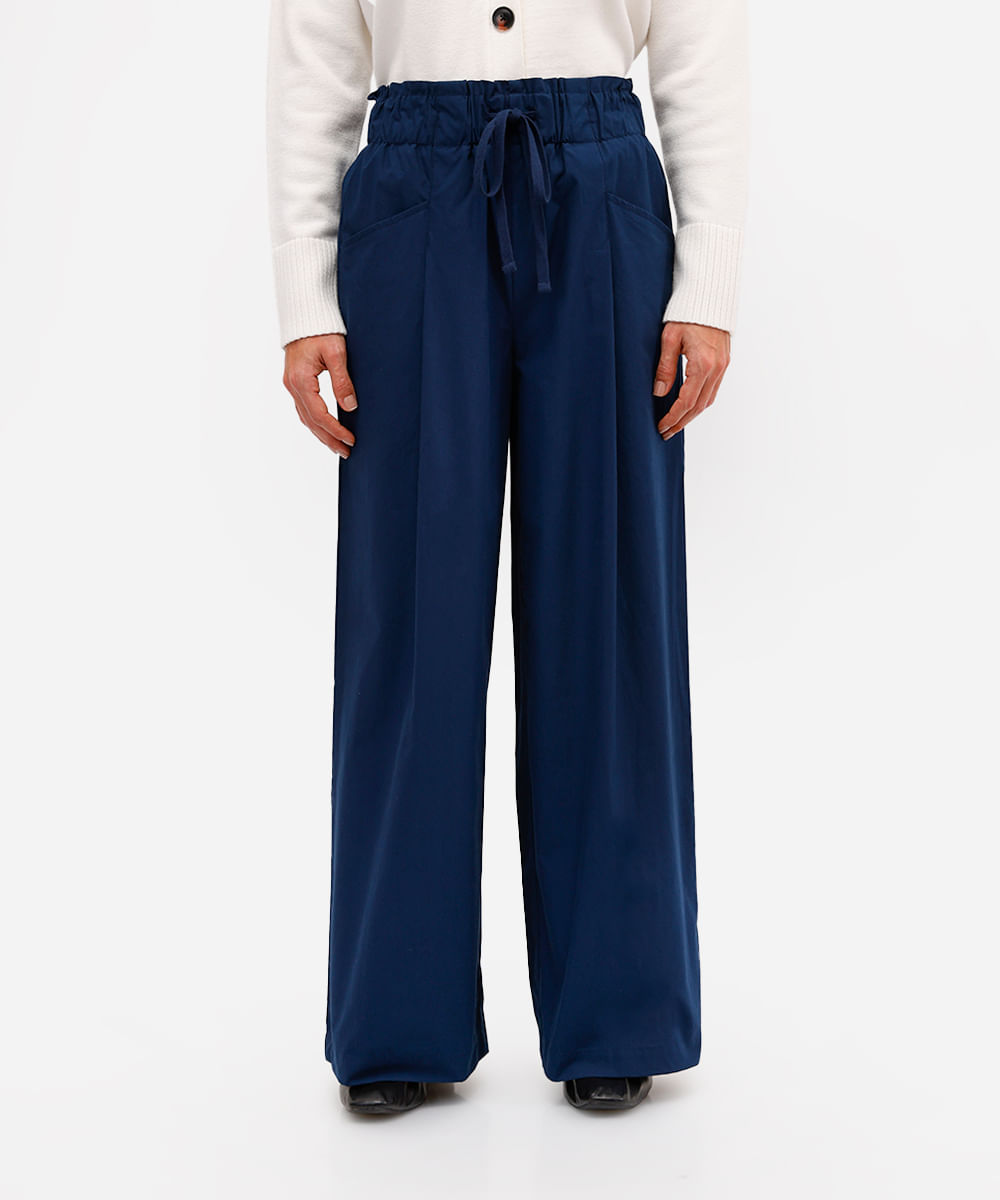 calça wide leg feminina de algodão cós elástico azul