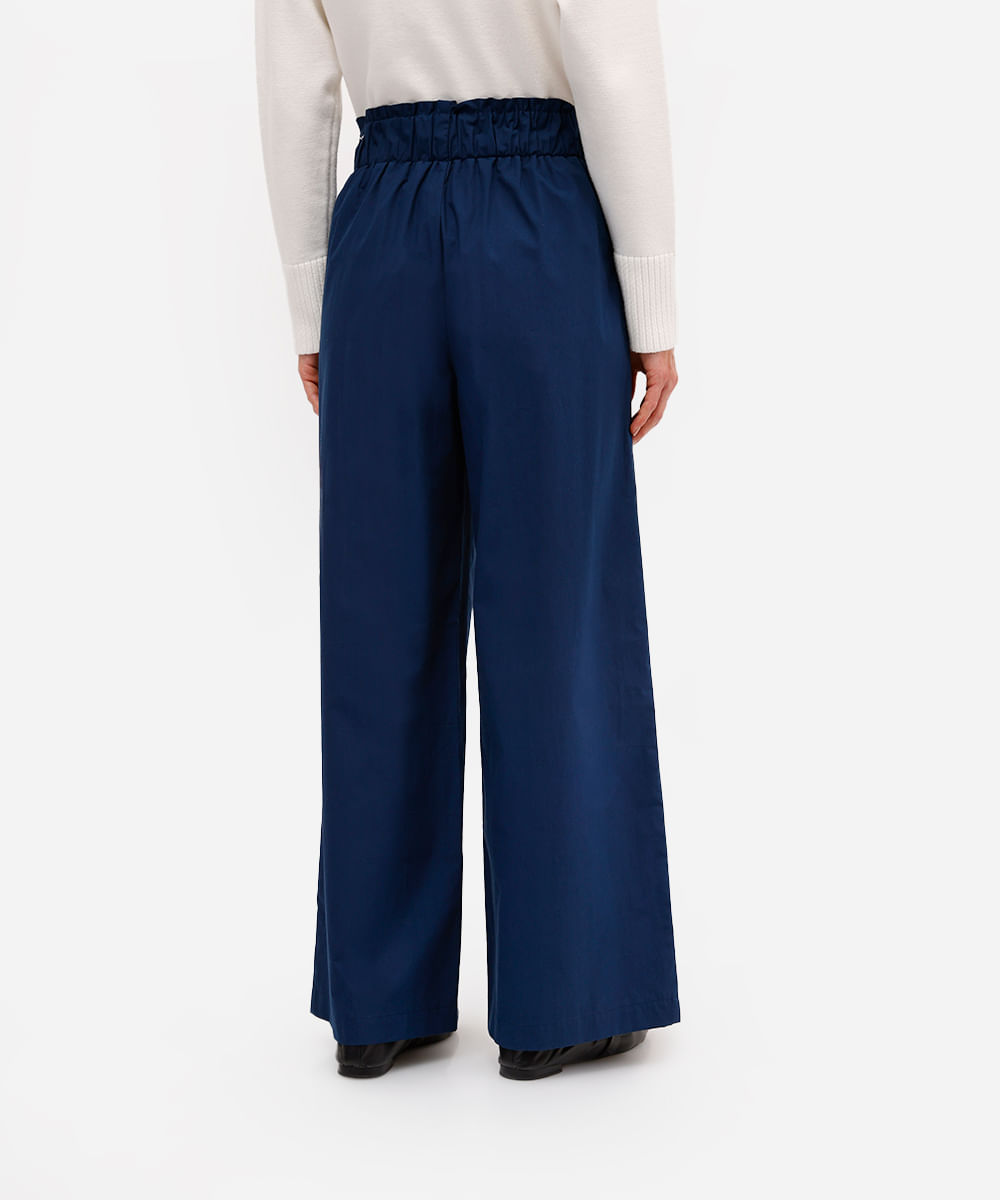 calça wide leg feminina de algodão cós elástico azul