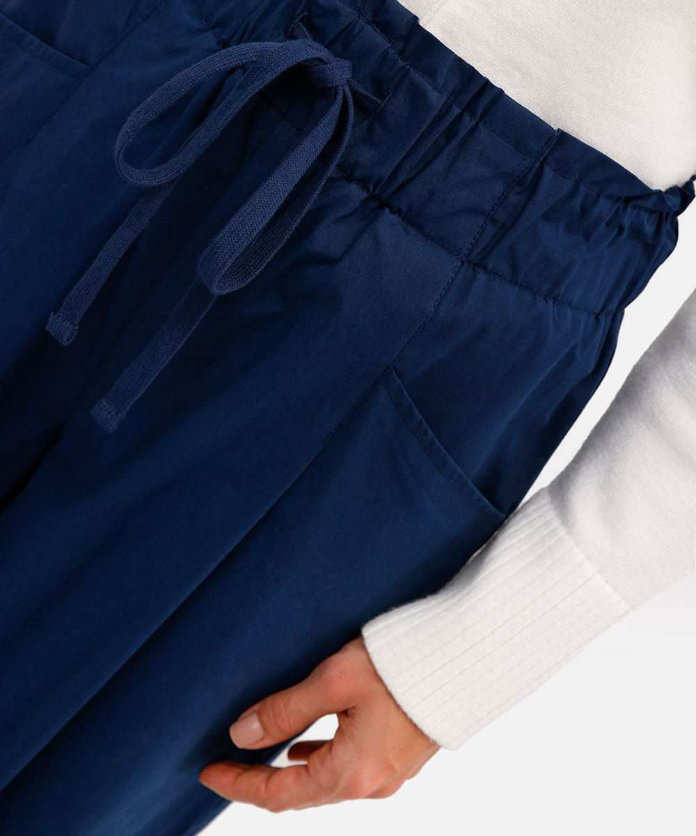 calça wide leg feminina de algodão cós elástico azul