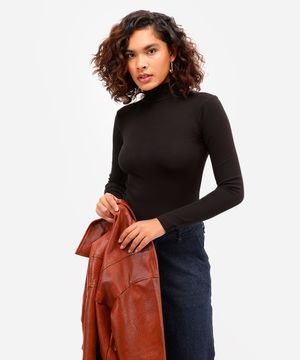 blusa feminina de algodão gola alta manga longa preta