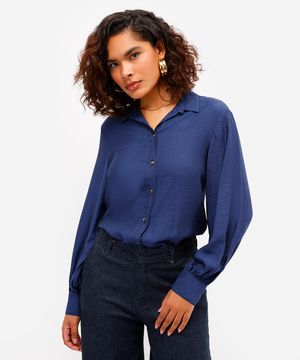 camisa feminina de viscose manga bufante texturizada azul