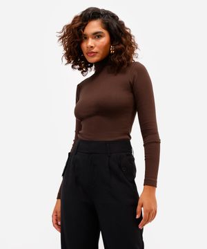 blusa feminina de algodão gola alta manga longa marrom