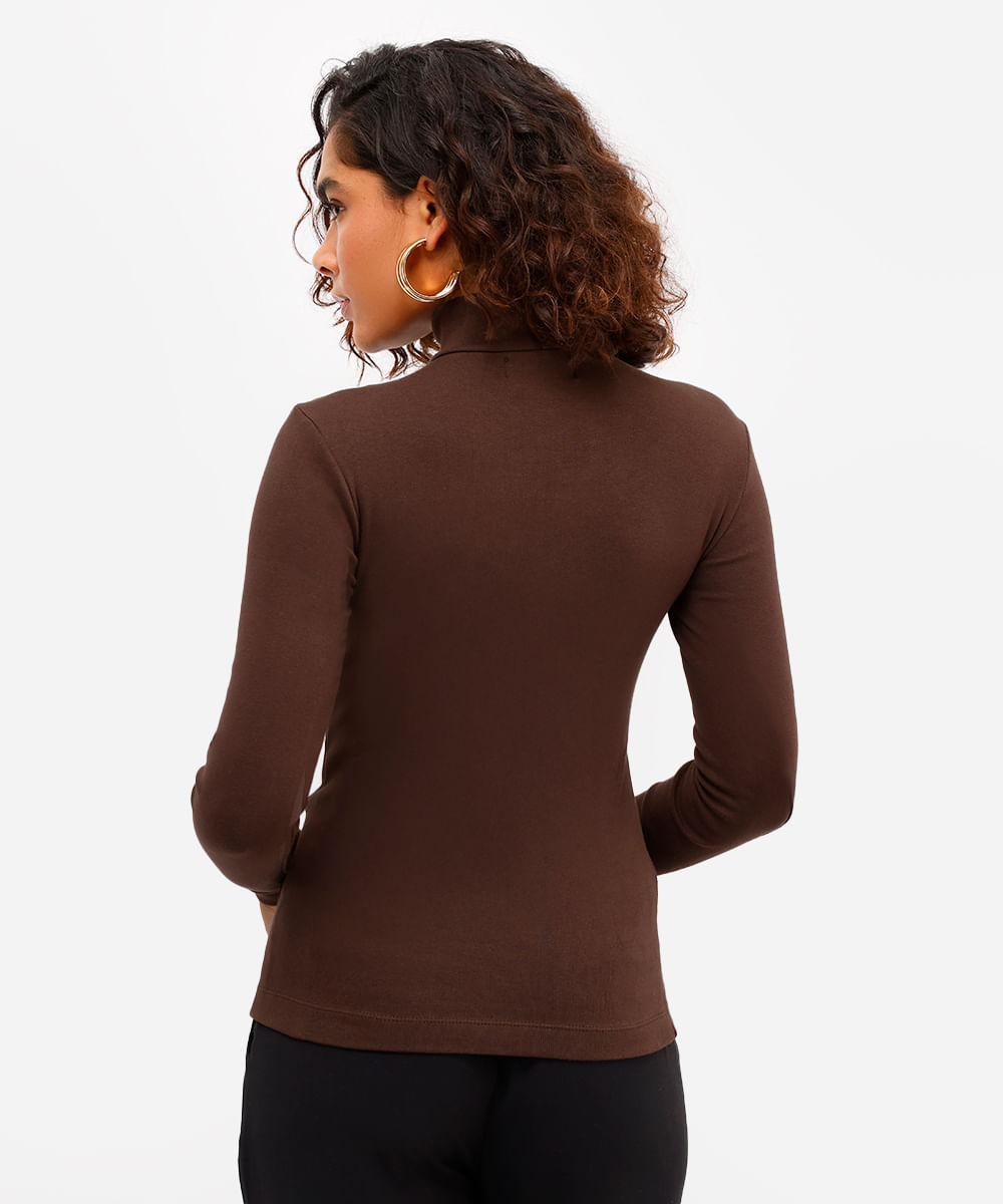 blusa feminina de algodão gola alta manga longa marrom