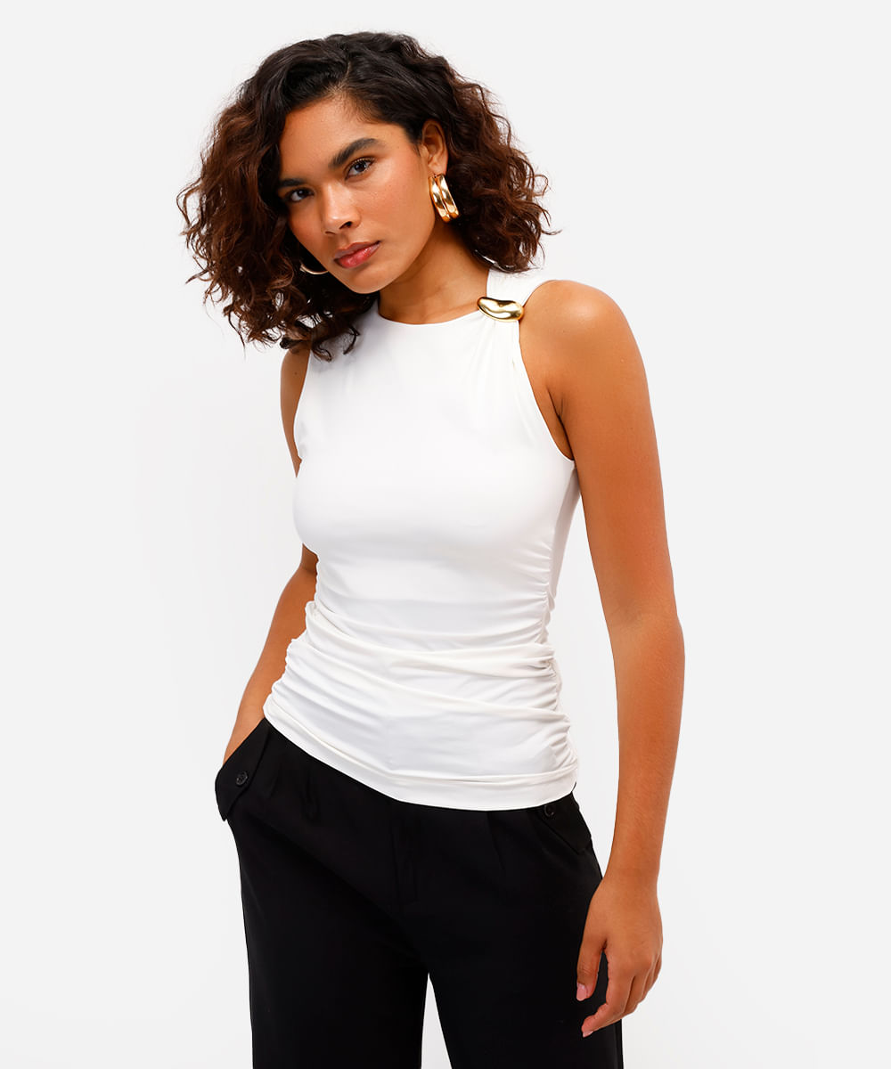 regata feminina de poliamida franzida off white