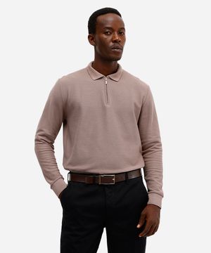 polo masculina com zíper manga longa texturizada bege