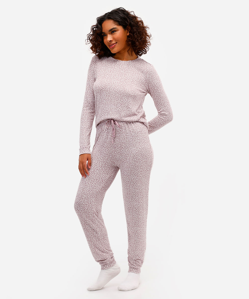 pijama longo feminino animal print rosa