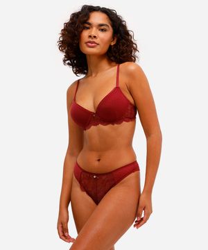 calcinha fio dental de tule com renda floral vinho