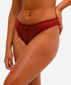 calcinha fio dental de tule com renda floral vinho