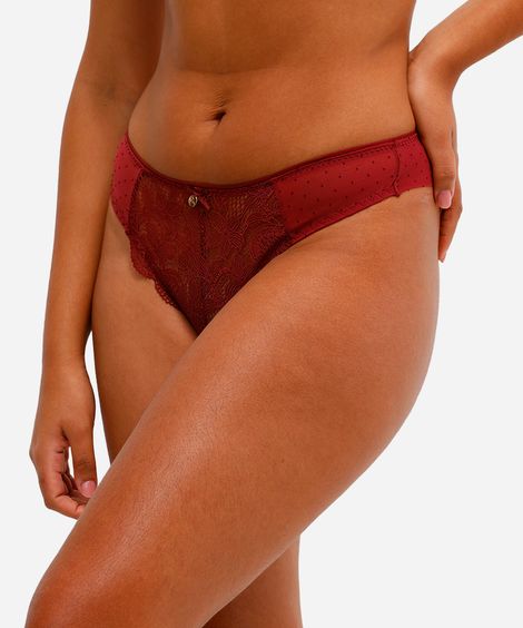calcinha fio dental de tule com renda floral vinho