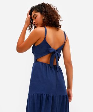 vestido feminino alças finas decote nas costas texturizado azul