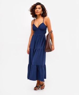 vestido feminino alças finas decote nas costas texturizado azul